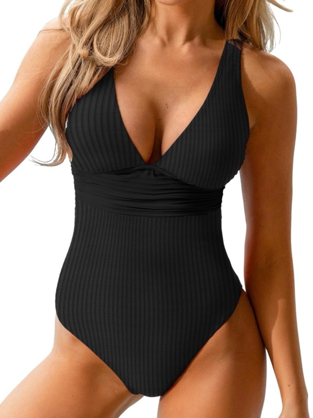 Cupshe Black Ribbed V-Neck One-Piece Swimsuit